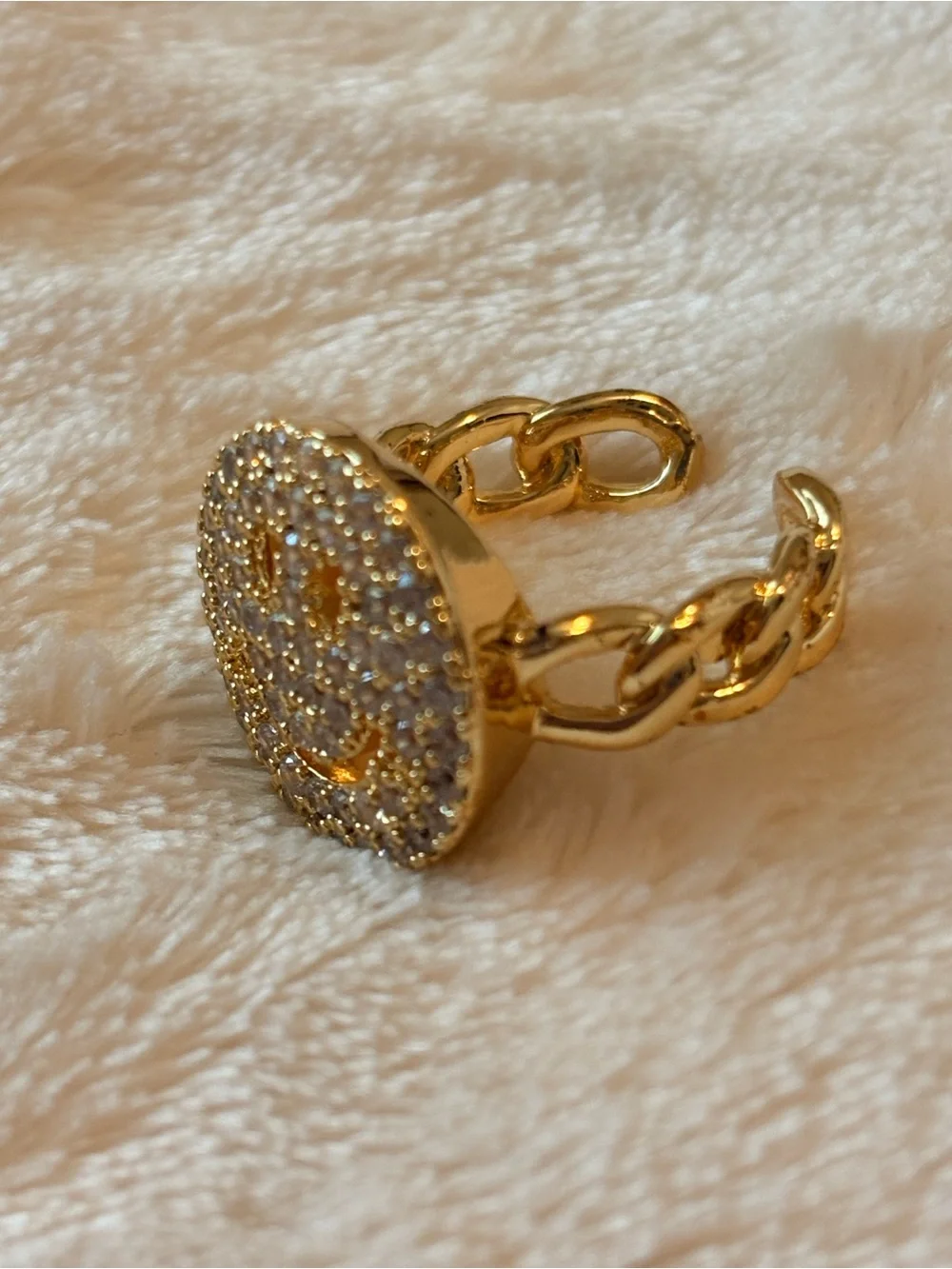 Gold Smiley Face & Pink Flower Adjustable Ring